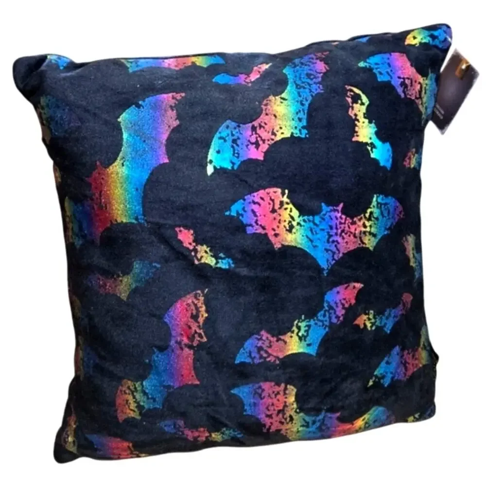 NEW Halloween Throw Pillow Black w/ Rainbow Iridescent Bats 10